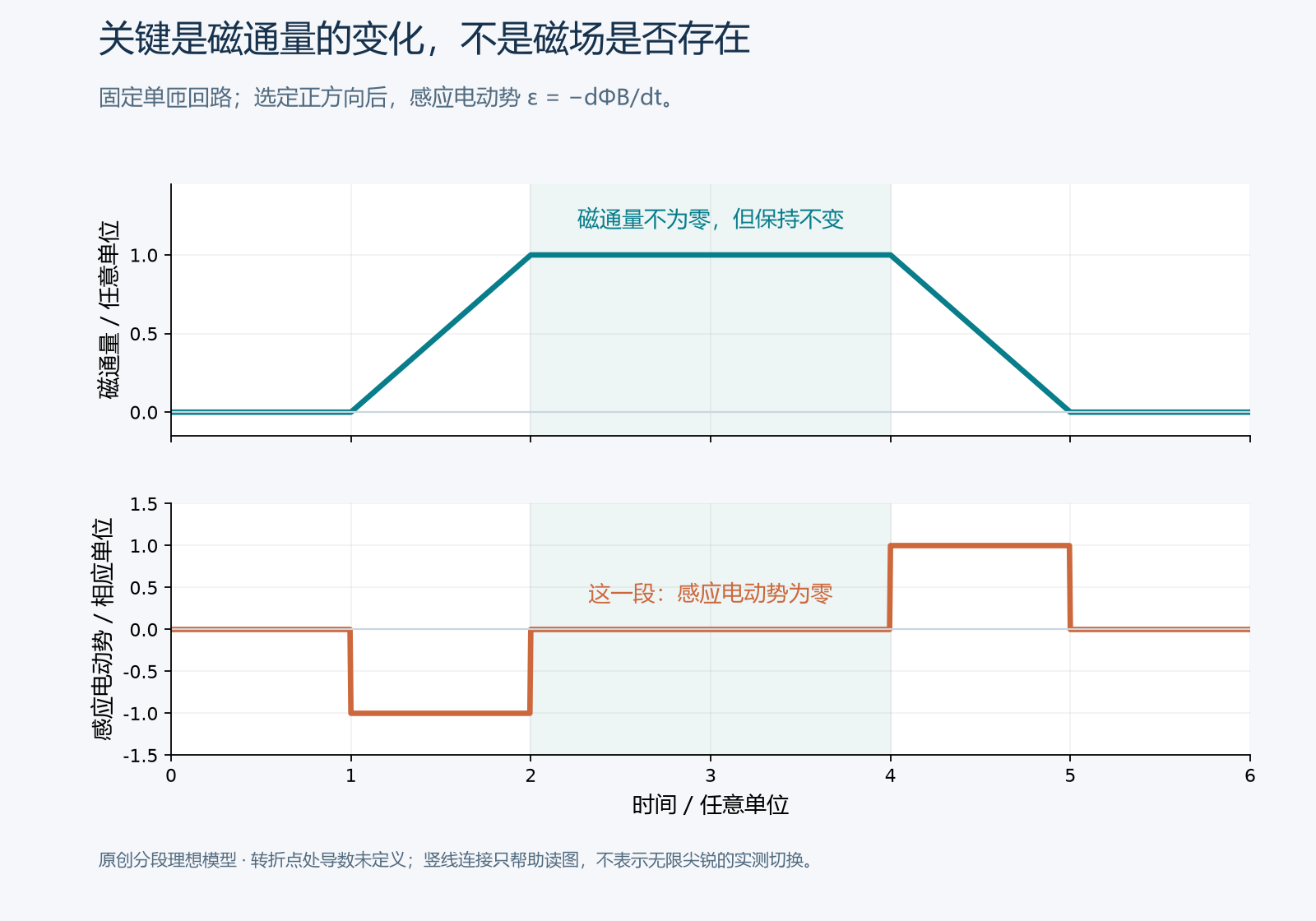 原创理想模型。上图磁通量先增加、保持不变,再减小;下图显示相应感应电动势的符号。中间一段的磁通量不为零,电动势却为零。转折处的竖线只连接分段图像,不冒充历史仪器记录;CSV 中对应转折点的导数留空。