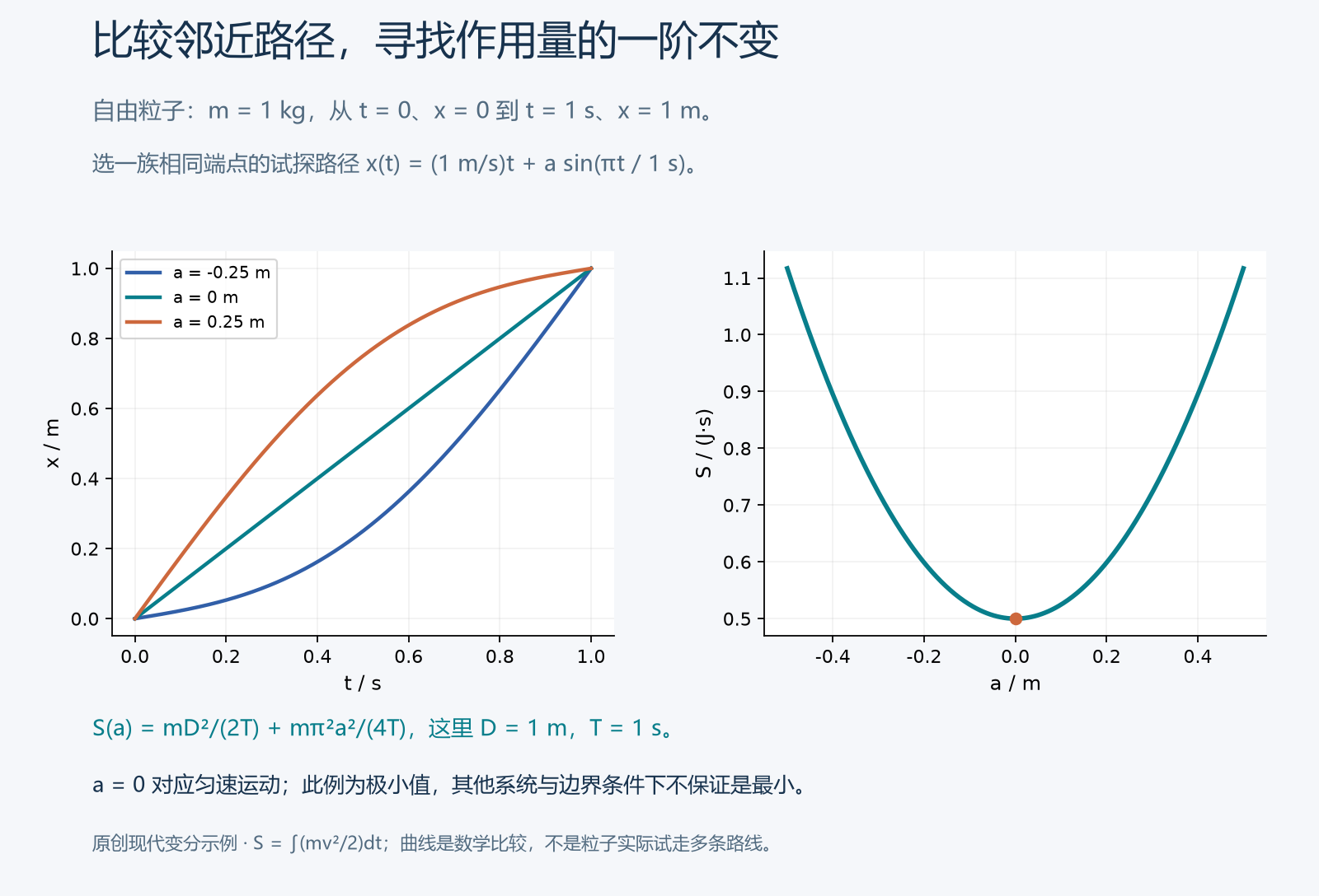 固定端点和时间的自由粒子试探路径,以及作用量随路径参数的变化
